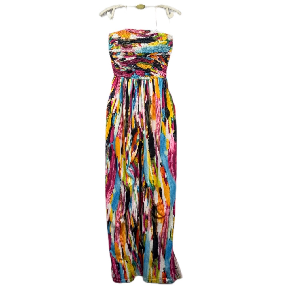 Womens Multi Color Abstract Print Smocked Strapless Maxi Dress Size M Boho
